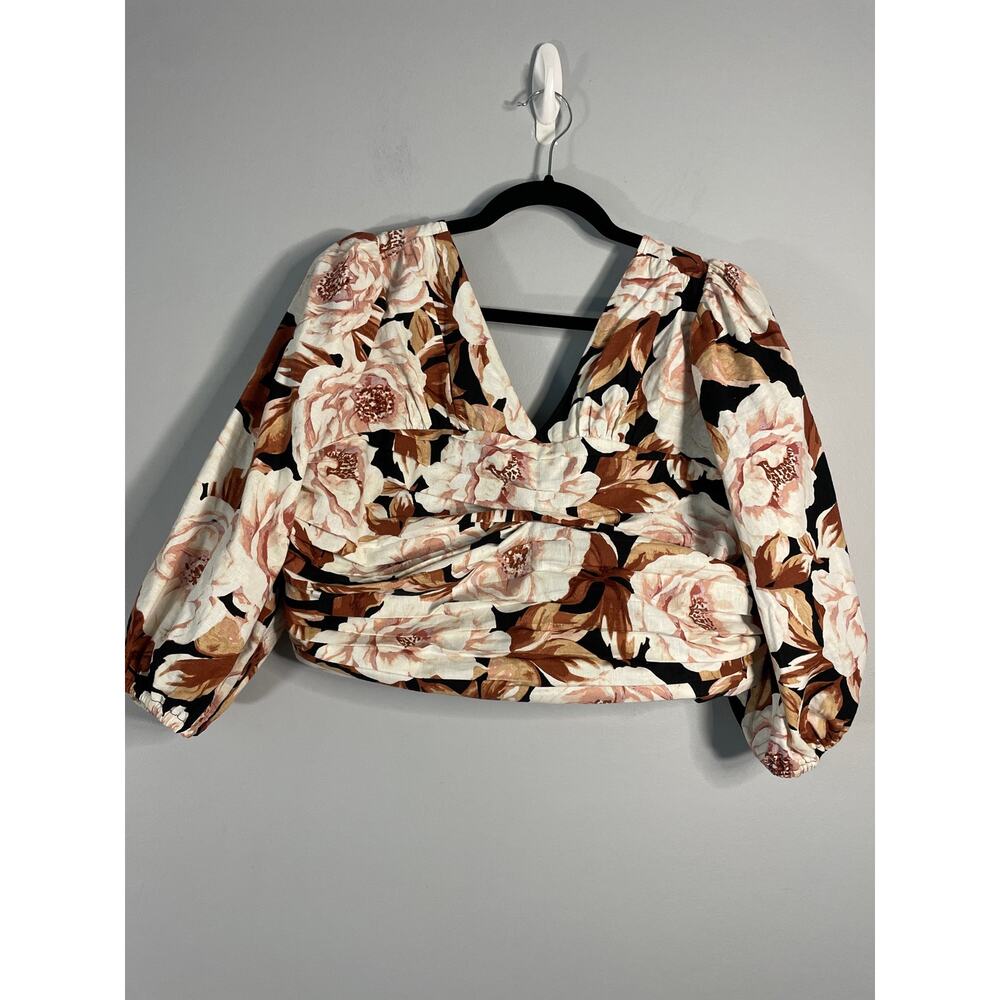 Express, Size XL, Cropped Floral Blouse, V-Neck, Pleated, Black, Tan & Pink